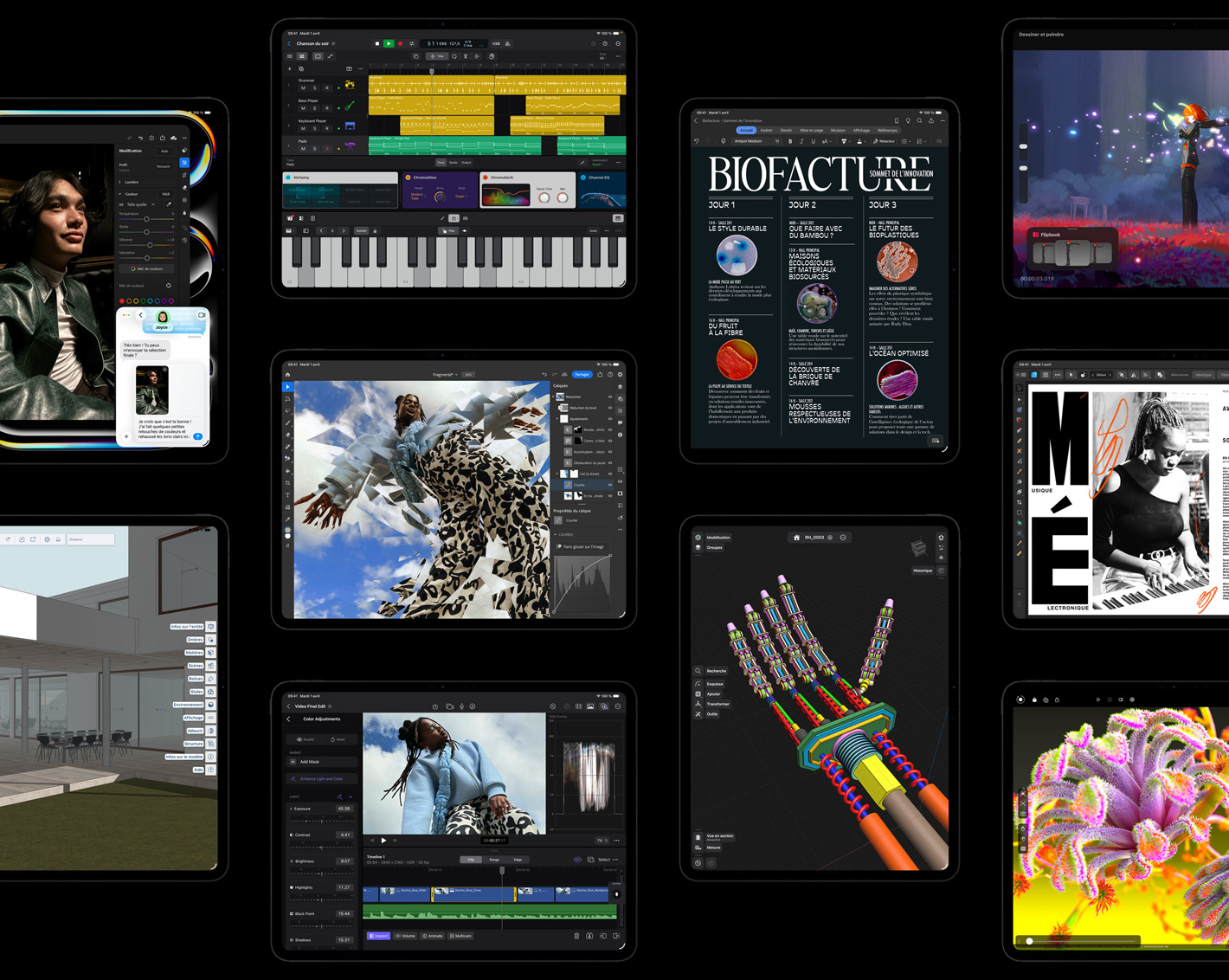 Plusieurs écrans d’iPad Pro affichant des projets créatifs ouverts dans des apps d’iPadOS, notamment Logic Pro, Adobe Lightroom, Adobe Photoshop, Final Cut Pro, Trimble SketchUp, Microsoft Word, Procreate Dreams, Affinity Designer 2, Shapr3D, Octane X