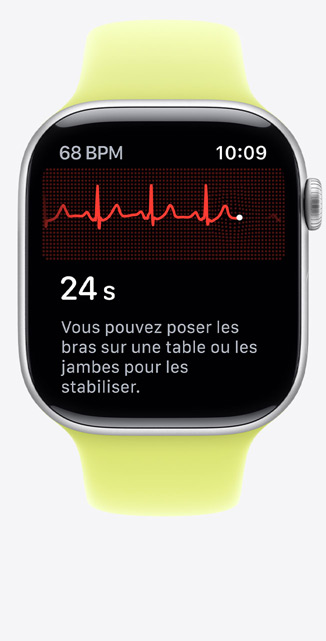 Apple Watch Series 11, aluminum case, silver color, ECG app, beats per minute in top-left corner, centered rhythm line and timer, Sport Band, neon yellow color