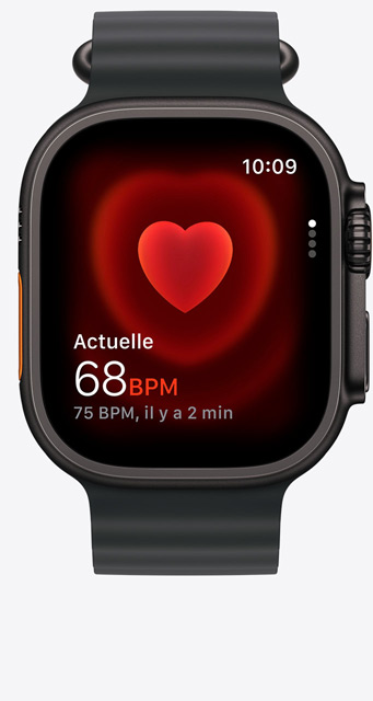 Apple Watch Ultra 3, boîtier en titane noir, app Fréquence cardiaque, fréquence actuelle des battements par minute, Bracelet Océan, noir