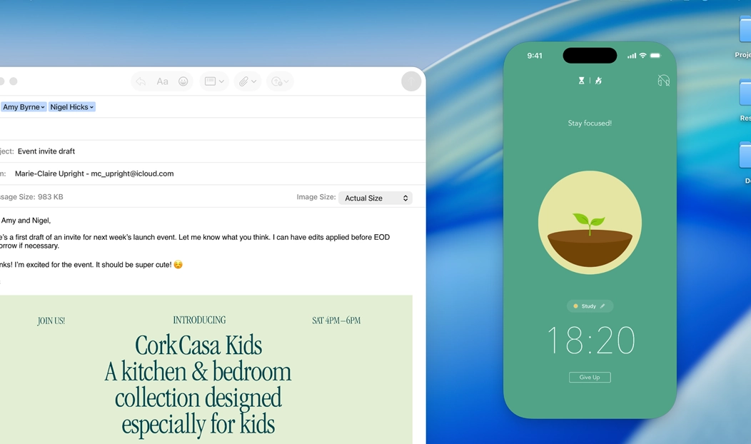 MacBook Pro，已打開郵件 app，iPhone 畫面以鏡像輸出方式在 MacBook Pro 螢幕上顯示，並展示 Forest app