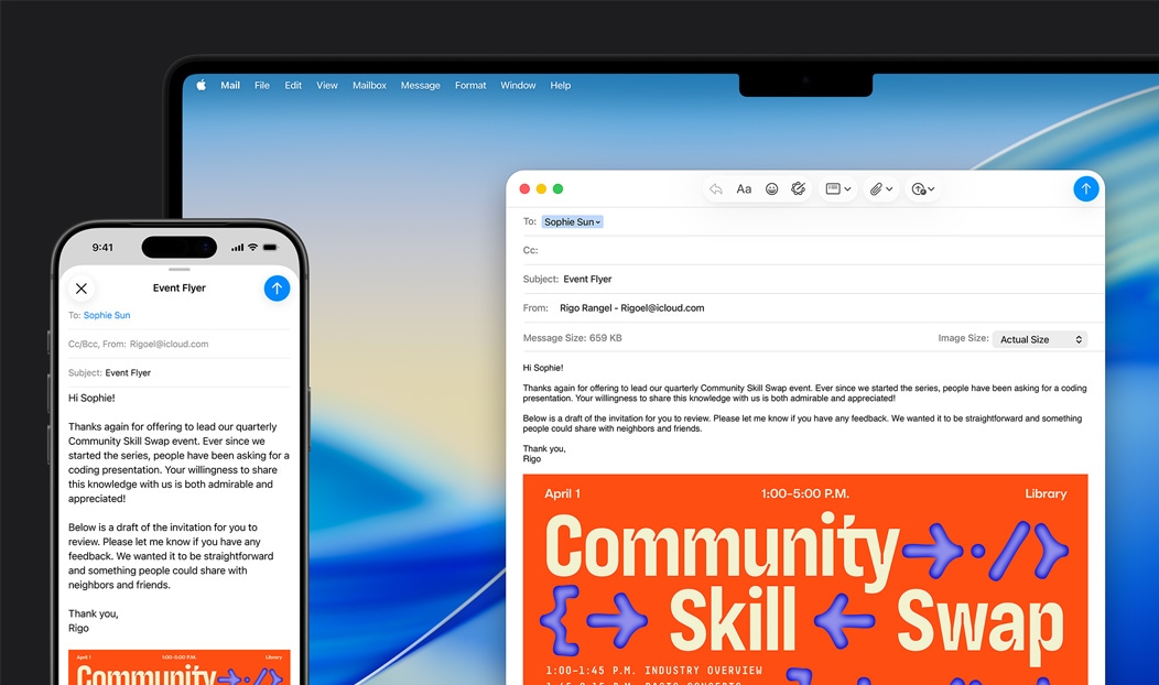 iPhone 16 Plus i Macbook Pro, otvorena aplikacija Mail, ista skica poruke e-pošte prikazana na oba ekrana
