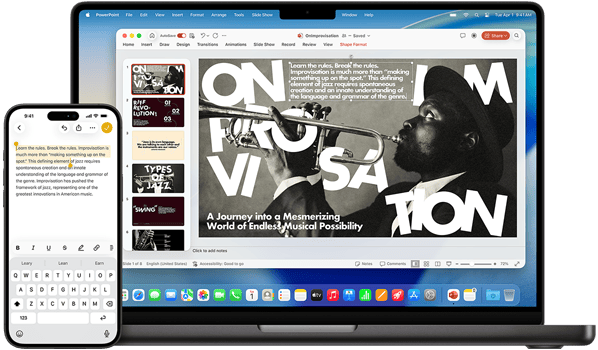 Egy iPhone az Univerzális vágólap segítségével kimásolja a kijelölt szöveget, és beilleszti egy Microsoft PowerPoint-prezentációba egy 14 hüvelykes MacBook Prón.