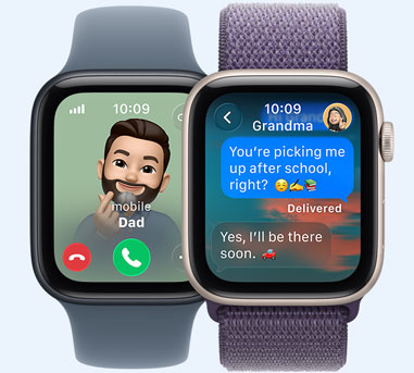 Apple Watch SE 3 devices, screens: incoming call from Dad, Messages with Grandma
