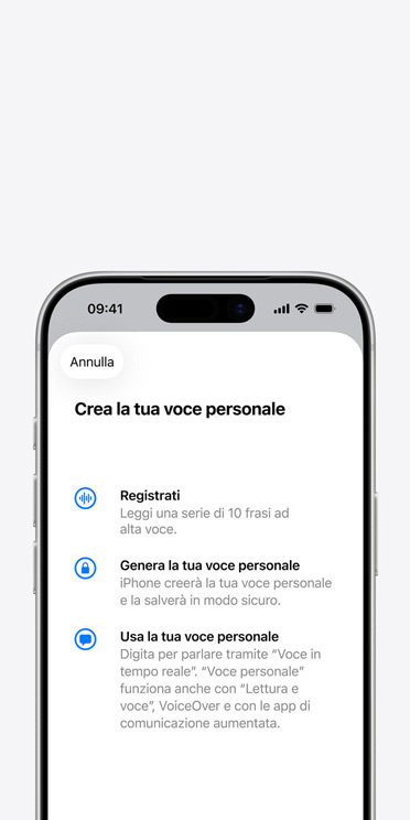 Schermata di un iPhone 17 Pro con la funzione Voce personale e le istruzioni per impostarla