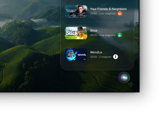Un televisore a schermo piatto che mostra un elenco di film e serie TV di Apple TV