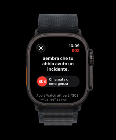 Apple Watch Ultra 3, cassa in titanio nero, notifica della funzione Rilevamento incidenti, opzione per effettuare la chiamata di emergenza, cinturino Alpine Loop nero