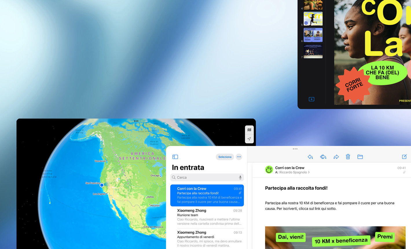 Varie schermate in orizzontale con diverse app aperte