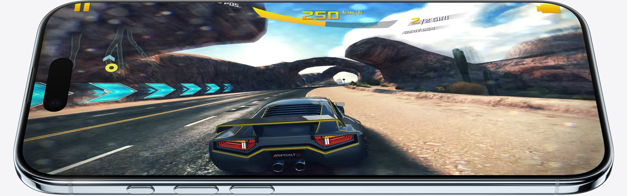 iPhone Air mostrato di fronte e di lato, che mostra un’immagine statica di un videogioco; tasti: tasto Azione, tasti del volume