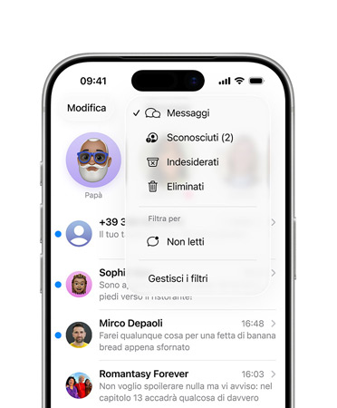 Un iPhone con i due terzi superiori dello schermo che mostrano l’app Messaggi con i nuovi strumenti di filtro, che ora raccolgono i numeri sconosciuti in una sezione chiamata Mittenti sconosciuti