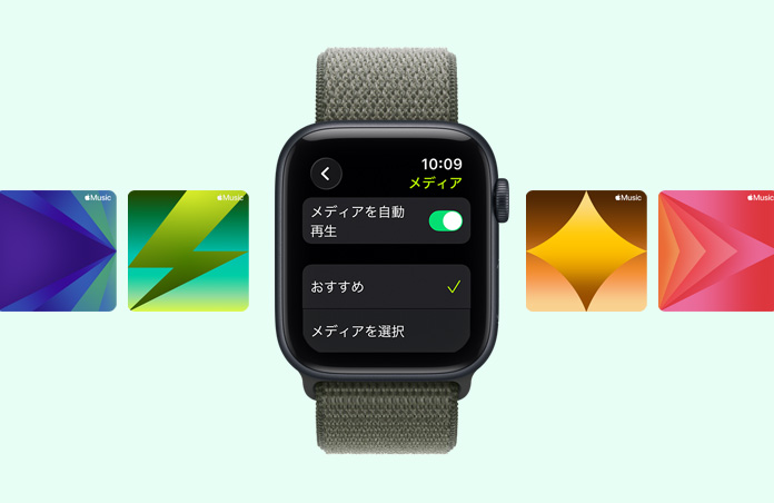 ミッドナイトアルミニウムケースのApple Watch SE 3。Apple Musicのワークアウトプレイリストの提案が表示されている。フォレストのスポーツループバンドが付いている