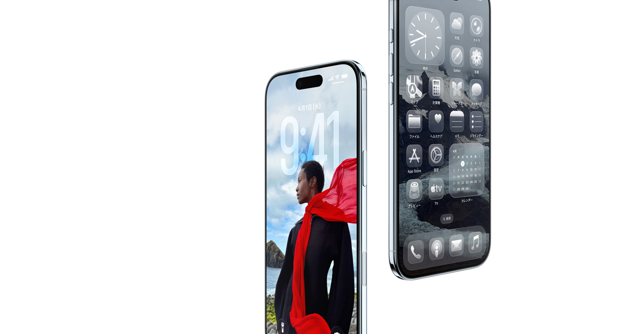 2台のiPhone Airデバイスの前面と側面の外観。薄いデザイン、ダイナミックに変化するロック画面、Liquid Glassのアプリアイコンを表示したホーム画面