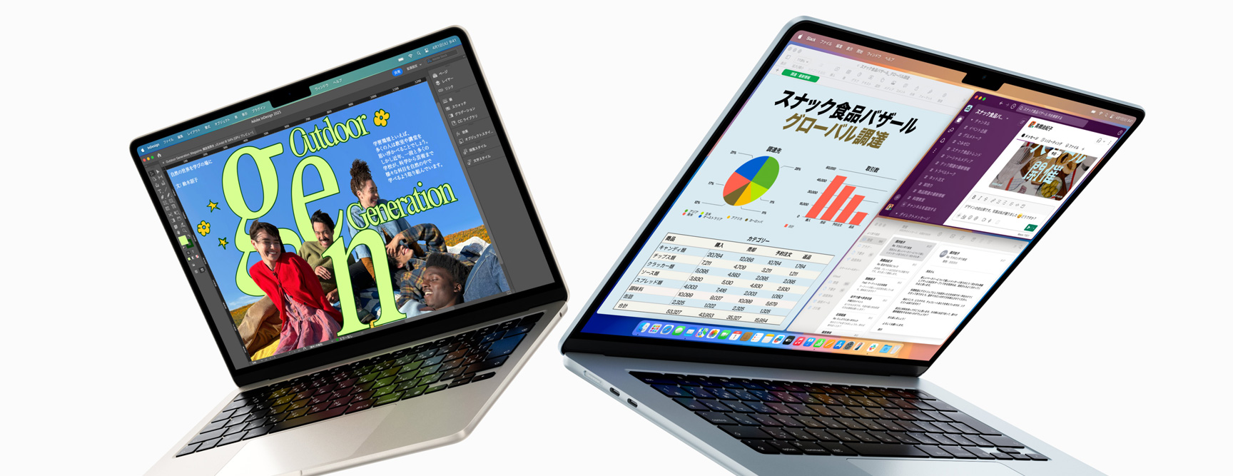 半分開いた状態の13インチと15インチMacBook Air。一つのスクリーンは作業中のデザインプロジェクト、もう一つのスクリーンはEメールとスプレッドシートを使ったマルチタスキングの様子を映し出している