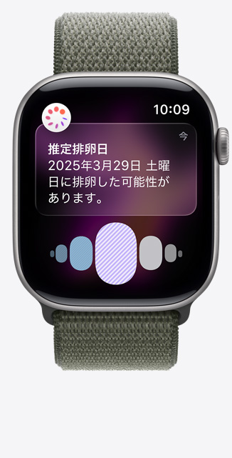 スペースグレイアルミニウムケースのApple Watch Series 11、ヘルスケアアプリの周期記録から推定される排卵日の通知が表示されている。Digital Crown、フォレストカラーのスポーツループ