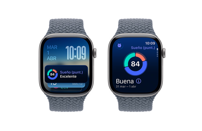 Apple Watch Series 11, gris espacial, caja de aluminio, notificación de Puntuación de Sueño, parte lateral derecha, Digital Crown, correa uniloop trenzada, color azul ancla