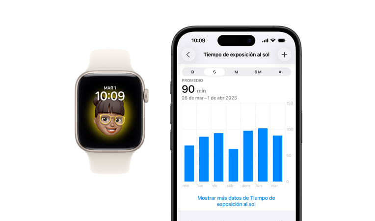 Apple Watch SE 3, caja de aluminio, blanco estelar, carátula Memoji, iPhone, pestaña Compartir Datos de Salud con el Tiempo de Exposición al Sol en pantalla