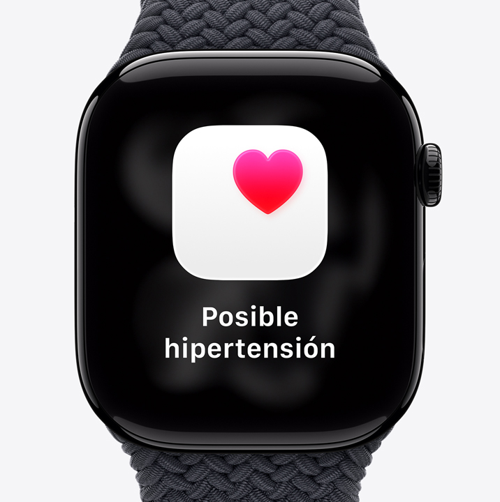 Apple Watch Series 11, aluminum case, polished Jet Black color, possible hypertension health notification, pink heart in white box, right side exterior, Digital Crown, Sport Band, black color