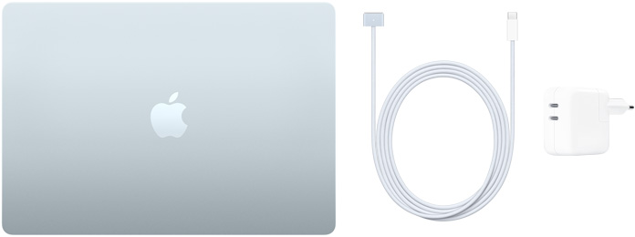 MacBook Air 15″, USB‑C–MagSafe 3 kabelis un 35 W divu USB‑C portu strāvas adapteris