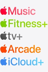 أيقونات تطبيقات Apple Music و+Apple Fitness و+Apple TV وApple Arcade و+‏iCloud‏