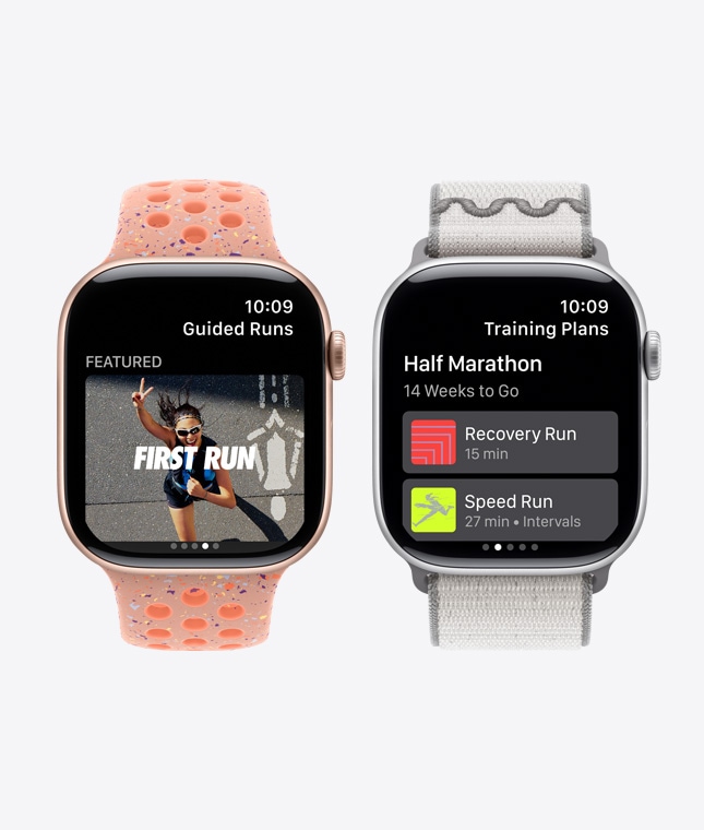 اثنتان من ساعات Apple Watch Series 11، وتطبيق Nike Run Club، وميزة تمارين الركض الموجّه وميزة الخطط التدريبية
