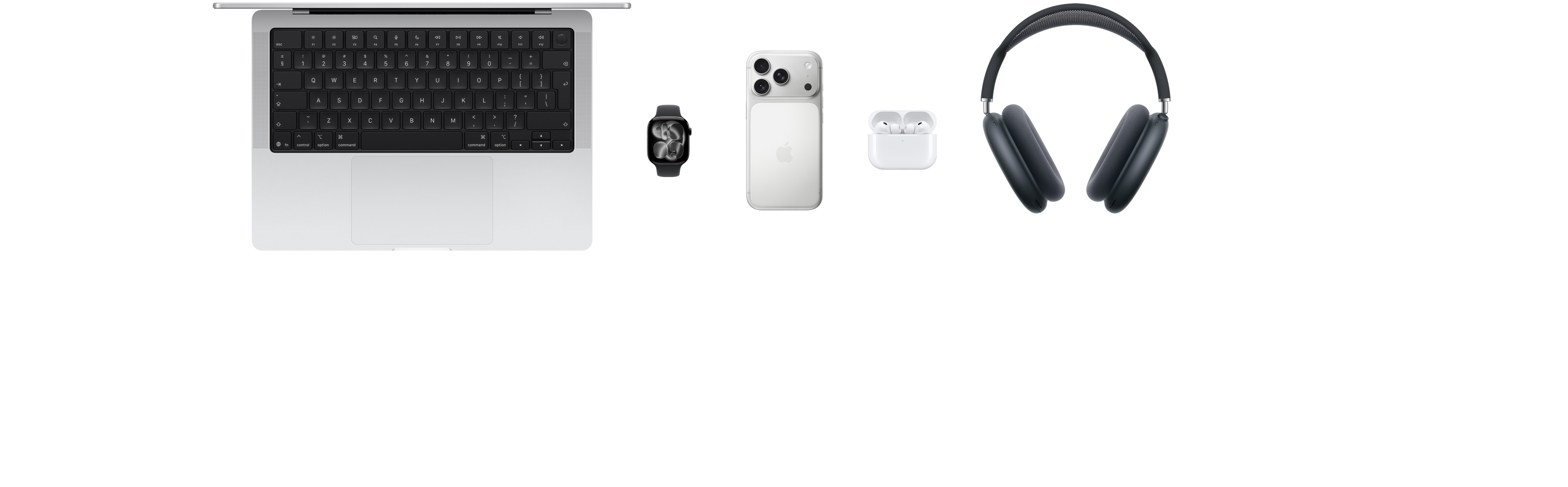 Various Apple products, including a MacBook, an Apple Watch Series 10, an iPhone 16 Pro, AirPods 4, and AirPods Max.