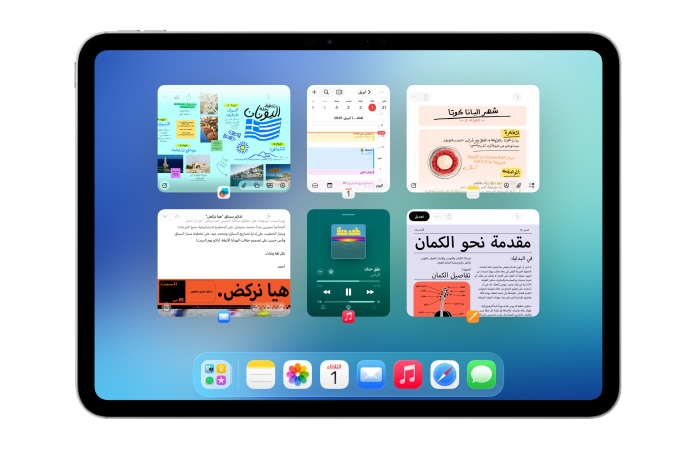 iPad في الوضع الأفقي، وشاشته تعرض ست نوافذ مفتوحة في صفين، بما في ذلك تطبيق التقويم وتطبيق الملاحظات وApple Music وسفاري