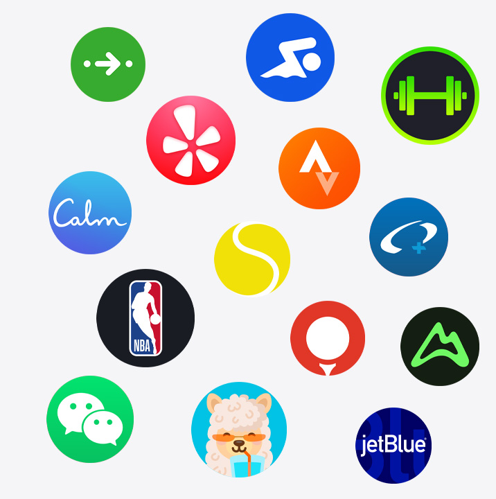 Apple Watch app icons: ChargePoint, Yelp, Nike Run Club, SmartGym, Calm, NBA, SwingVision, Oceanic+, WeChat, Waterllama, Golfshot, JetBlue, AllTrails