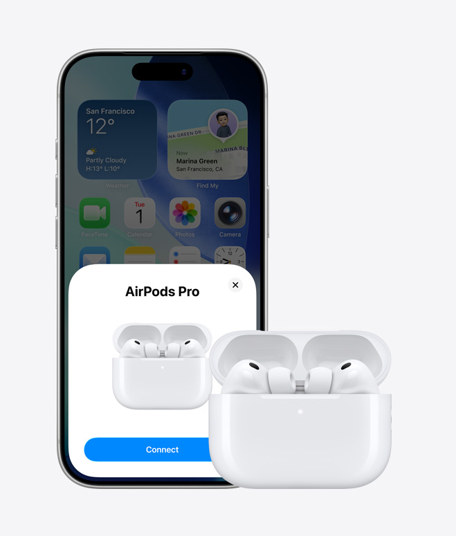 iPhone 17 Pro 機身正面，背景為主畫面，螢幕彈出 AirPods 連接畫面；AirPods 在打開的充電盒內，置於 iPhone 旁邊。