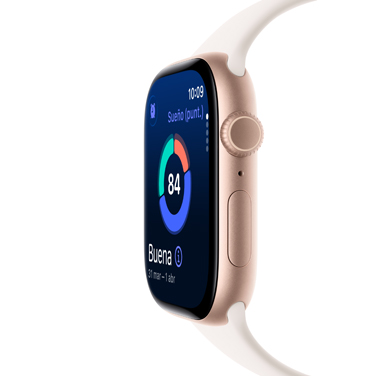 Vista lateral de un Apple Watch Series 11 de aluminio color oro rosa con la Puntuación de Sueño y otros datos dinámicos en la pantalla.