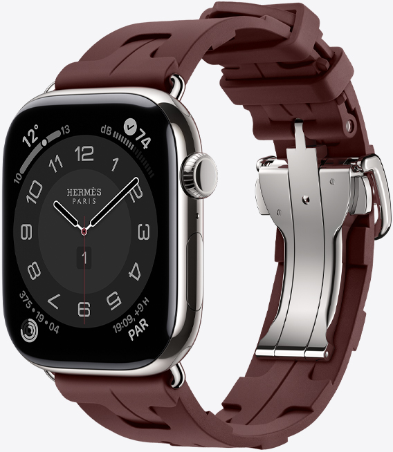Apple Watch Hermès Series 11, caja de titanio, color plata, correa Kilim, color Bordeaux, práctica hebilla metálica color plata