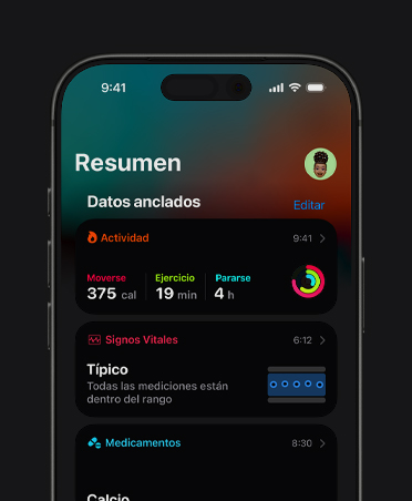 iPhone 17, resumen de Fitness, círculos de Actividad, métricas de Moverse, Ejercicio y Pararse, Compartir Actividad con otras personas, estadísticas de Carrera semanales