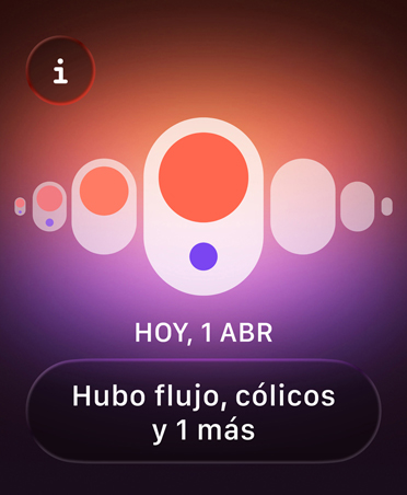 Control del Ciclo en la app Salud, puntos naranja y morados resaltan distintos síntomas menstruales