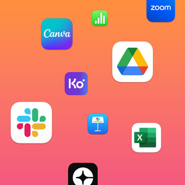 Íconos de apps de productividad como Slack, Canva, Google Workspace, Zoom, Quickbooks, Keynote, Excel, Square y Numbers sobre un fondo colorido.
