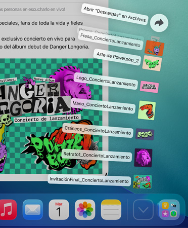 Primer plano del Dock en la parte inferior del dispositivo con una serie de archivos desplegados en vertical desde el Dock