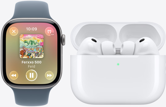 Apple Watch Series 11, app Apple Music, Ahora Suena, AirPods Pro 3, blancos, audífonos, almohadillas de silicón, micrófono, estuche de carga MagSafe, abierto, esquinas redondeadas
