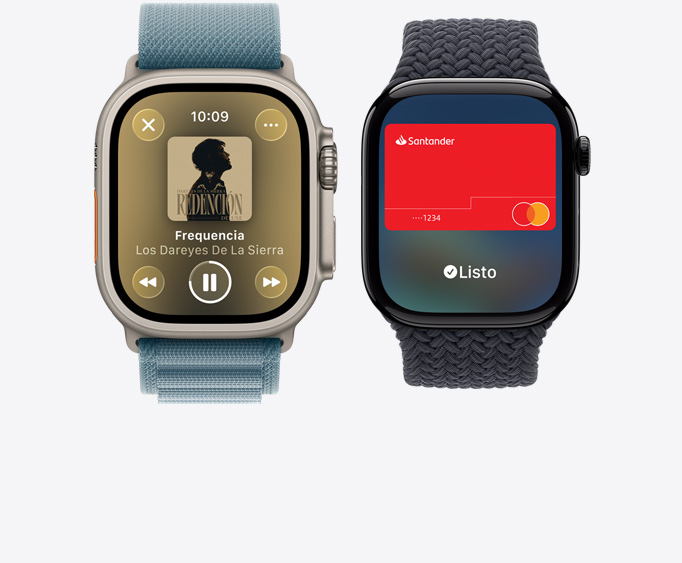Apple Watch Ultra 3, caja de titanio, natural, app Apple Music, pantalla Ahora Suena, Apple Watch Series 11, caja de aluminio, negro azabache pulido, pantalla Apple Pay