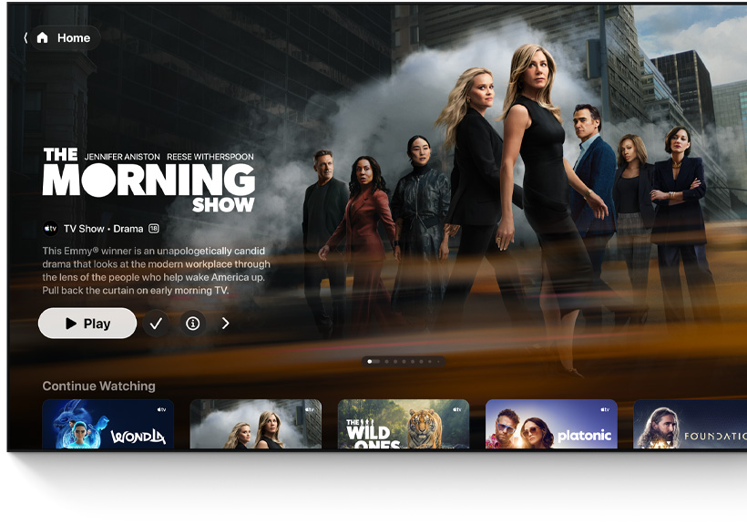 A flat-screen television showing the Apple TV app’s Home Screen UI