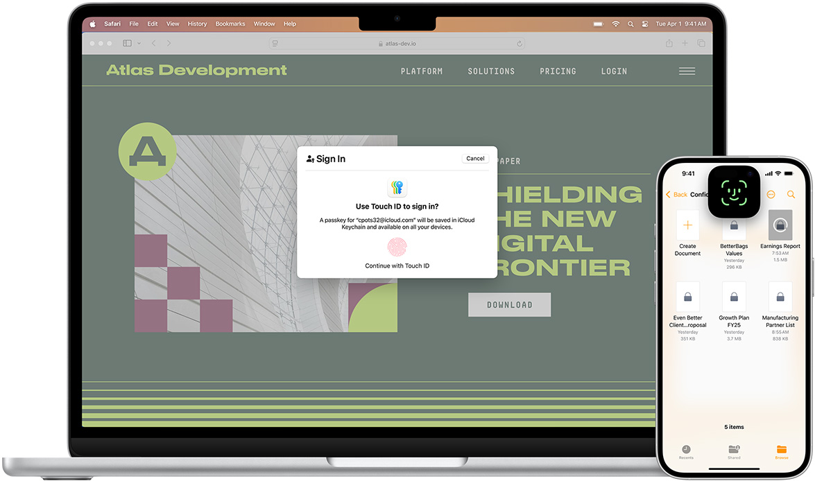 Front view of a MacBook featuring Touch ID window. In front of the MacBook is an iPhone featuring Face ID screen.