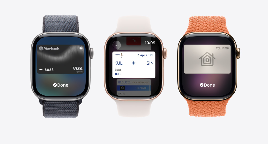 Apple Watch Series 11 devices, aluminium and titanium cases, silver, rose gold and gold colours, Apple Pay screen, Credit Card, Apple Wallet, Transit Card, home key card, Bands: Sport Loop, anchor blue colour, Sport Band, light blush colour, Braided Solo Loop, turmeric colour