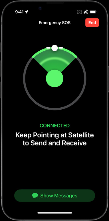 iPhone 16e showing connectivity features like Find My and Emergency SOS via satellite.