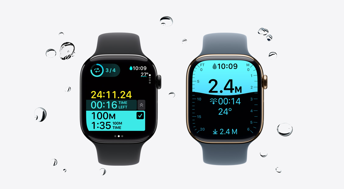 Apple Watch Series 11, koperta z polerowanego aluminium w kolorze onyksu, apka Trening monitorująca trening pływacki, krople wody spływają z urządzenia, pasek sportowy, kolor czarny