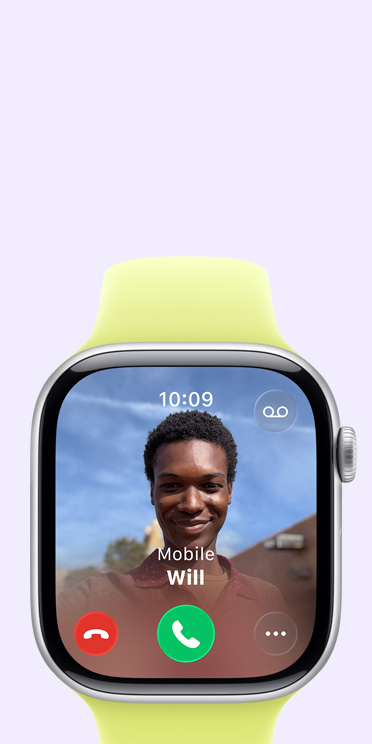 Apple Watch Series 11, carcasă din aluminiu, culoare Gri stelar, apel primit, fotografie contact, butoane pentru acceptare și respingere apel, partea dreaptă exterioară, Digital Crown, brățară Sport, culoare Galben neon