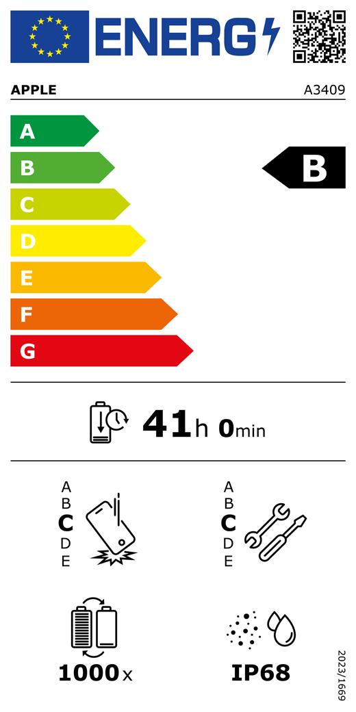 EU Energy Label QR code and information, Apple model A3409, class B, energy efficiency classes (with a scale from A to G), A (most efficient) to G (least efficient), battery endurance per cycle, 41 hours and 0 minutes per full battery charge, repeated free fall reliability class C, A (most robust) to E (least robust), repairability class C, A (most repairable) to E (least repairable), 1000 battery endurance in cycles, dust and water ingress protection (IP) rating IP68, regulation 2023/1669