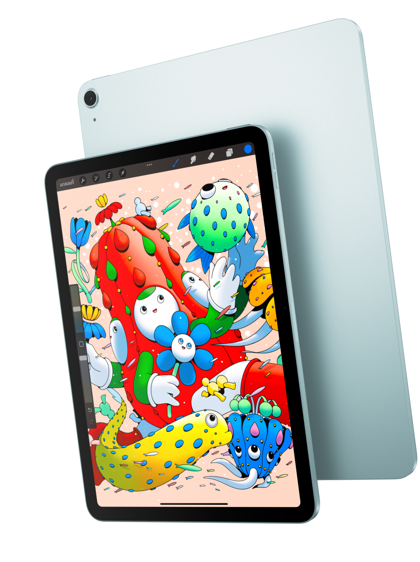 ตัวเครื่องภายนอกด้านหน้า, iPad Air รุ่น 11 นิ้ว ที่แสดงแอป Procreate และทับซ้อนอยู่กับตัวเครื่องภายนอกด้านหลังของ iPad Air สีฟ้า