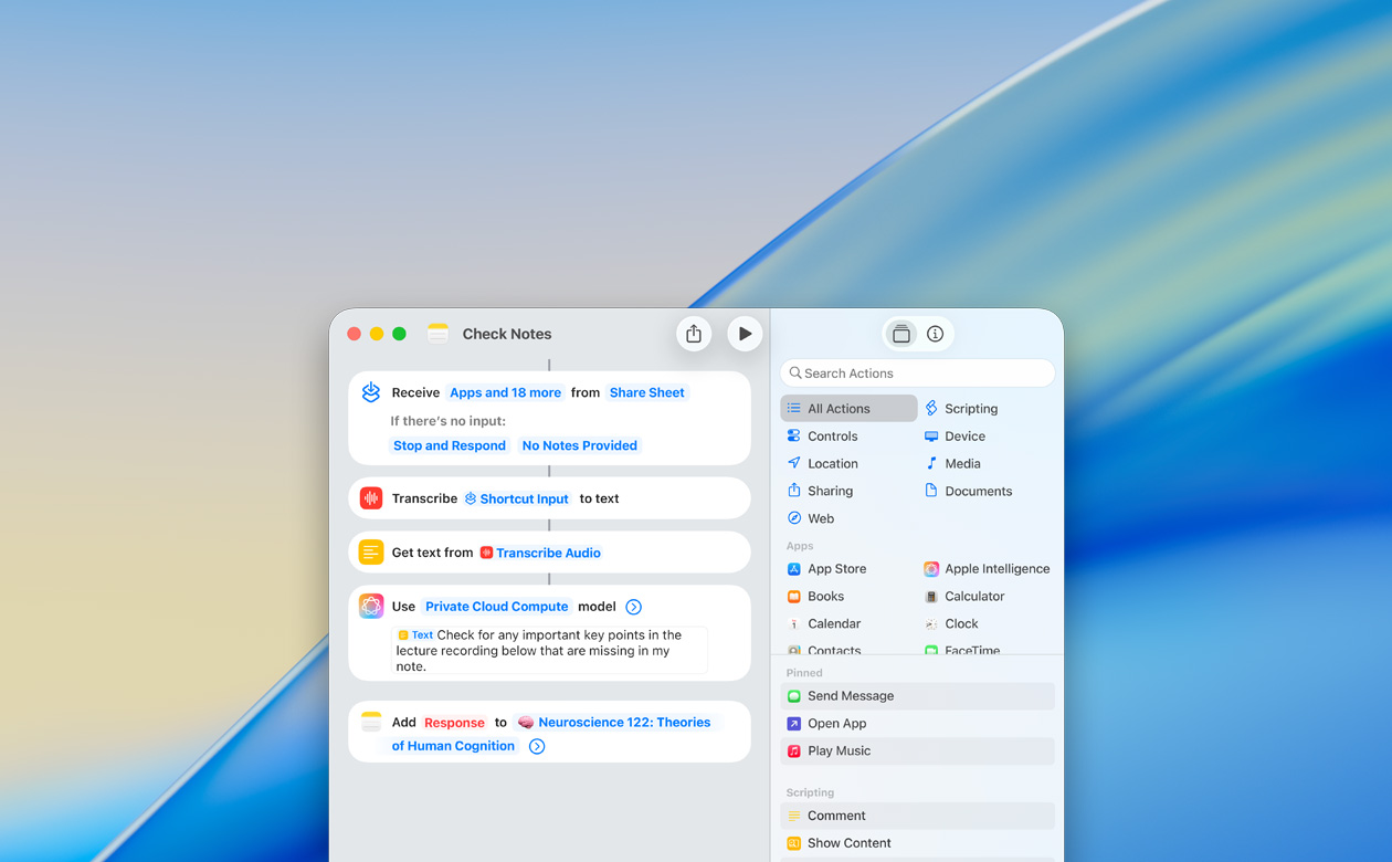 ภาพระยะใกล้ของผู้ใช้ที่สร้างคําสั่งลัดด้วยการทำงาน "ใช้โมเดล" ในแอปโน้ต