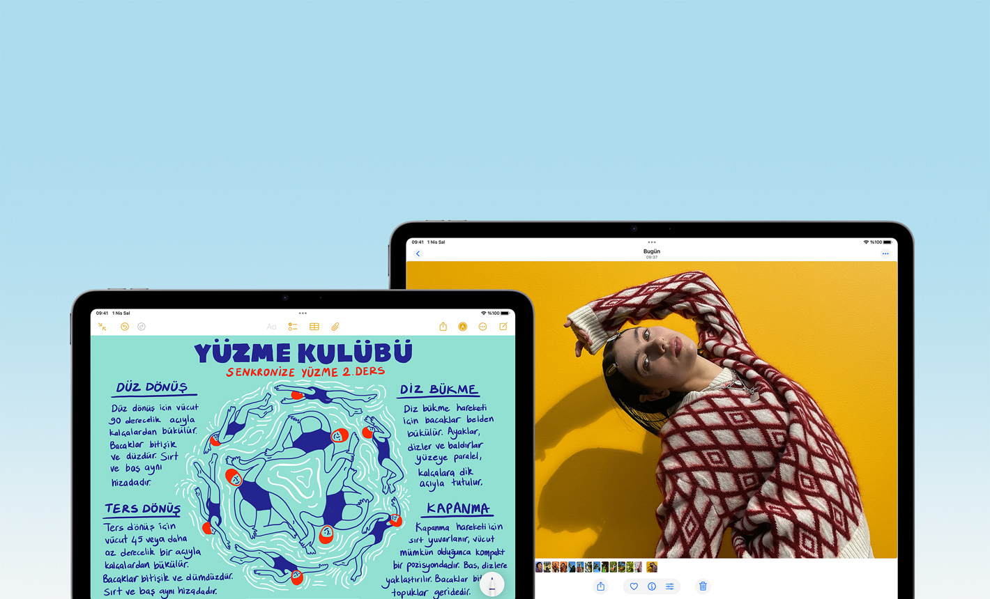 Ekranında Notlar uygulaması görülen 11 inç iPad Air ve ekranında Fotoğraflar uygulaması görülen 13 inç iPad Air’in önden dış görünümünde farklı ekran boyutları vurgulanıyor