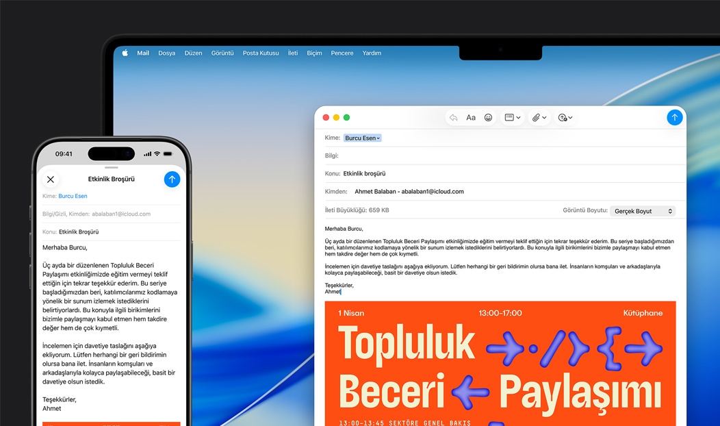 iPhone 16 Plus ve MacBook Pro, Mail uygulaması açık, her iki ekranda da aynı mail taslağı gösteriliyor