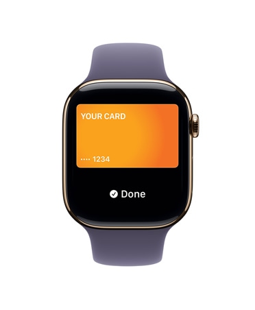 Apple Watch Series 11, титановий корпус золотистого кольору, показано екран Apple Pay, з правого боку на годиннику розташовано коронку Digital Crown, спортивний ремінець кольору «пурпуровий туман»