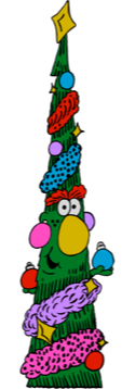 A characterful, cartoon-style tree with googly eyes, chunky tinsel wrapped around it, and a yellow bauble for a nose.