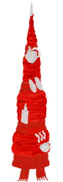 A quirky tree composed of one tightly wrapped red scarf, and decorated with household items such as a kettle, candle and pair of slippers.