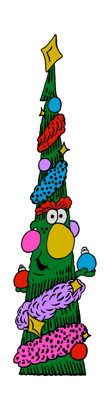 A characterful, cartoon-style tree with googly eyes, chunky tinsel wrapped around it, and a yellow bauble for a nose.
